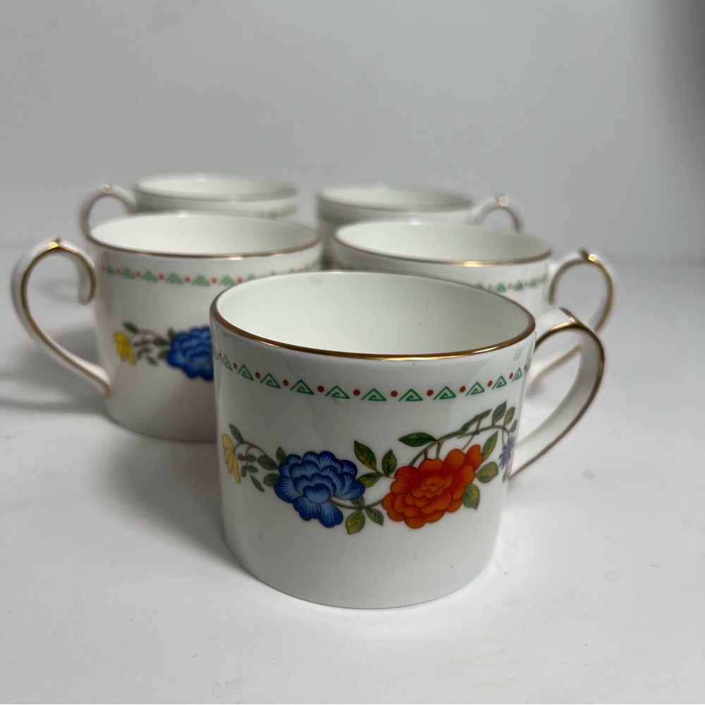 Aynsley Famille Rose White Floral Gold Set of 5 Tea Cups Flat Bone China England